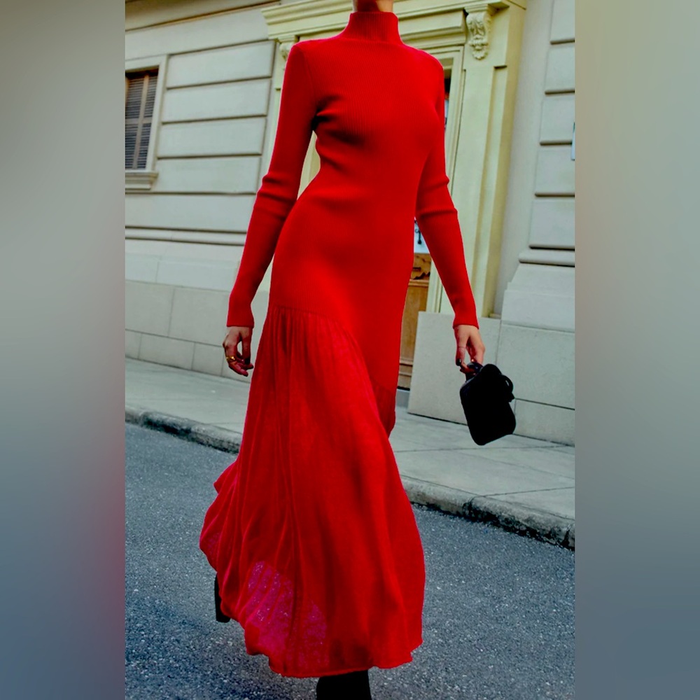 Beautiful red sweater dress with semi sheer bottom